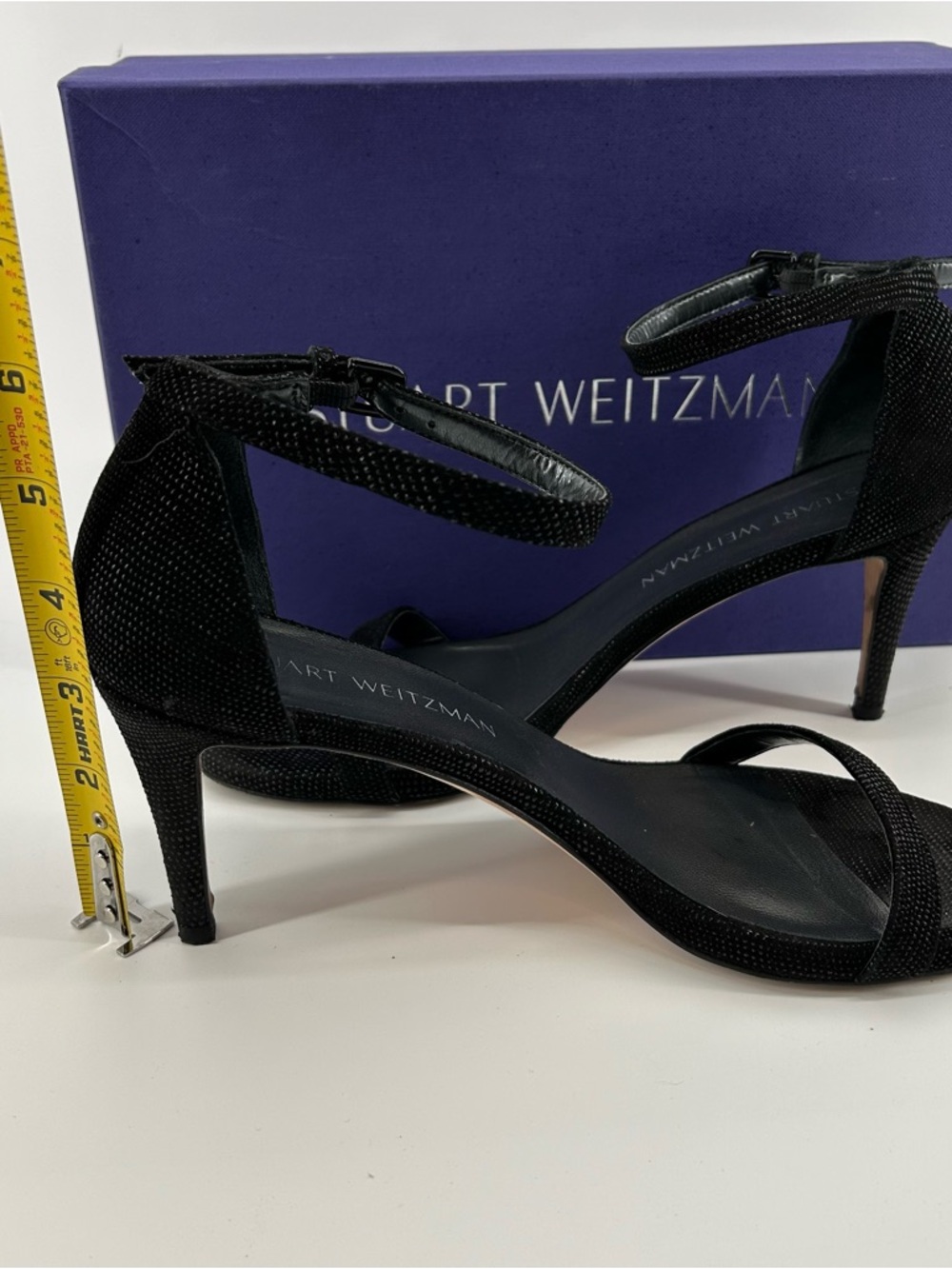 Stuart Weitzman "Nudist" Black Sparkle Ankle-Strap Heels - Picture 5 of 7